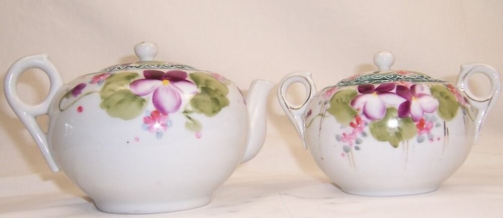 Antique Nippon TE-OH China Hand Painted Moriage Violet Teapot Sugar Bowl Set